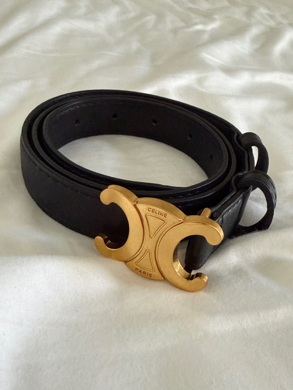 Women’s Black Triomphe Belt with Gold Double-C Logo Buckle